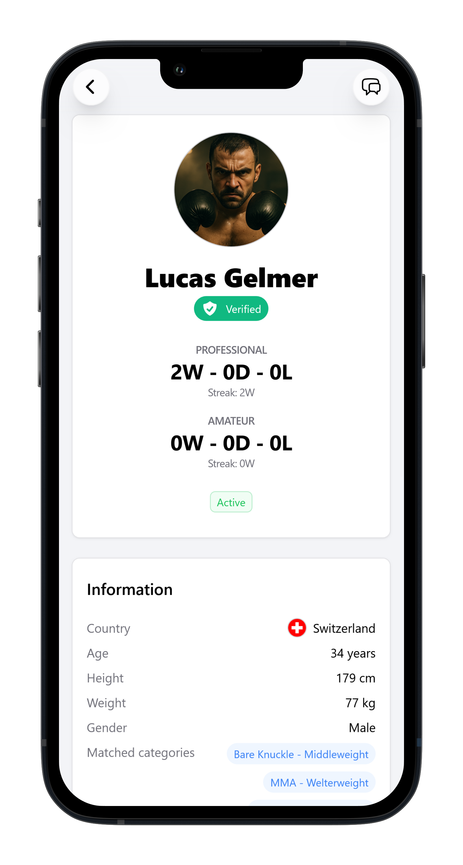 Verified fighter profile shown on mobile